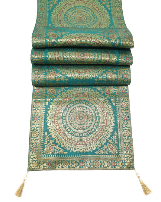 Teal Green Table Runner 72x16" Banarasi Silk Brocade Mandala Dining Decor Cloth