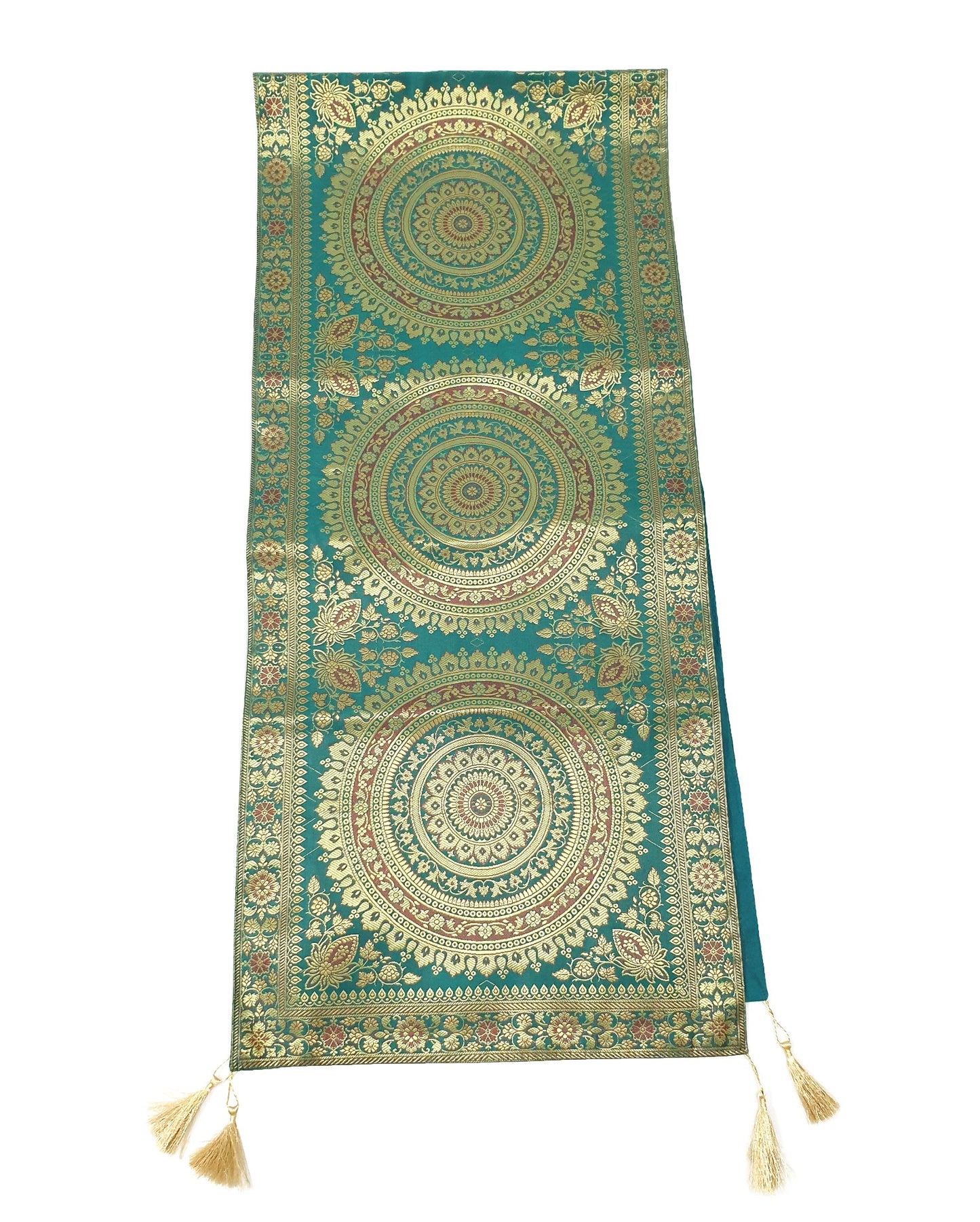 Teal Green Table Runner 72x16" Banarasi Silk Brocade Mandala Dining Decor Cloth
