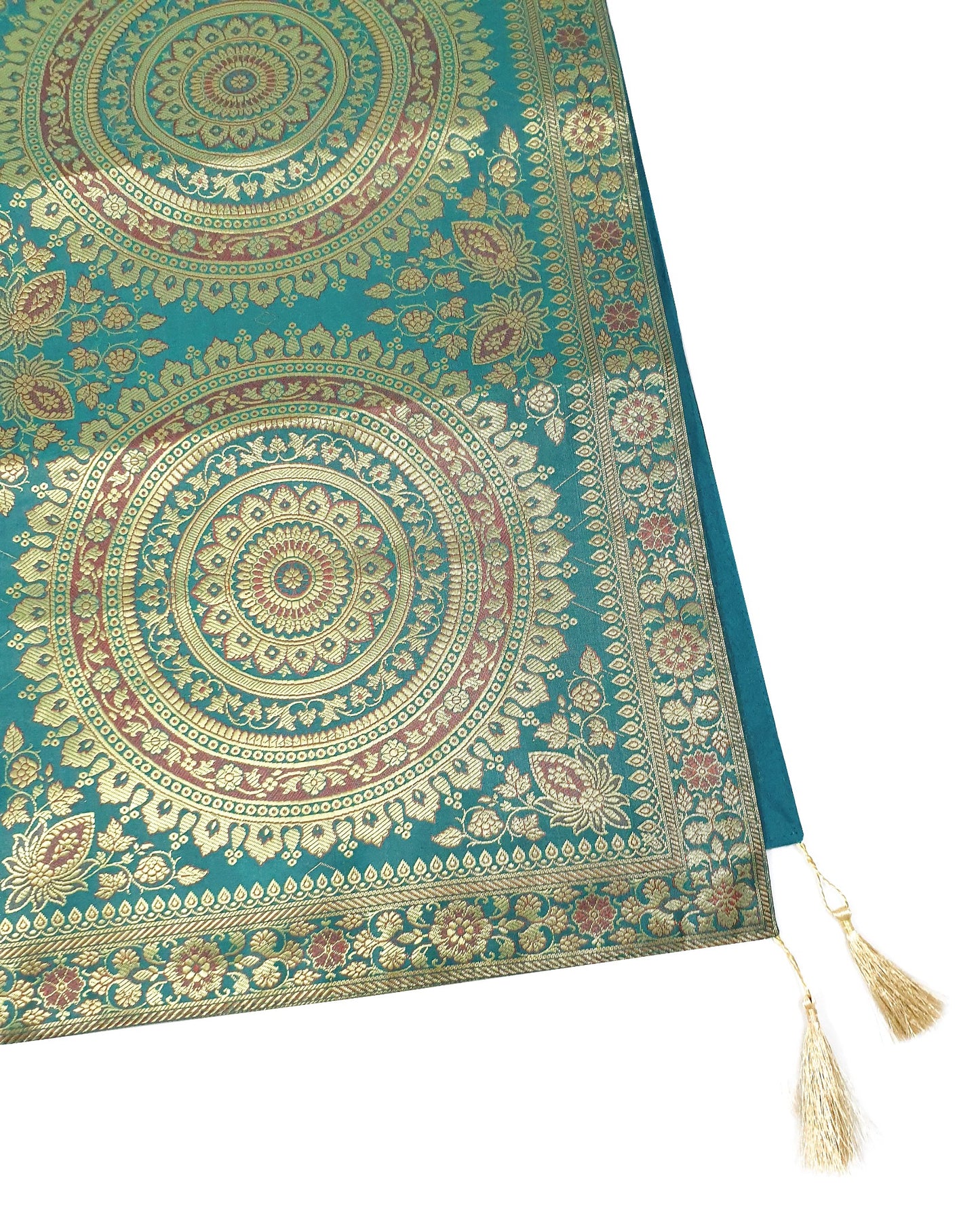 Teal Green Table Runner 72x16" Banarasi Silk Brocade Mandala Dining Decor Cloth