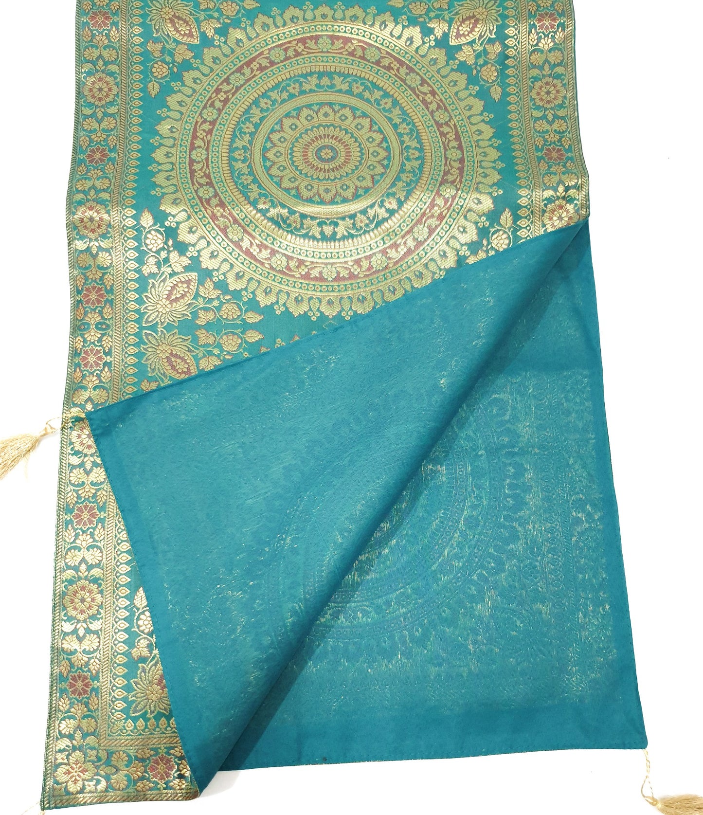 Teal Green Table Runner 72x16" Banarasi Silk Brocade Mandala Dining Decor Cloth
