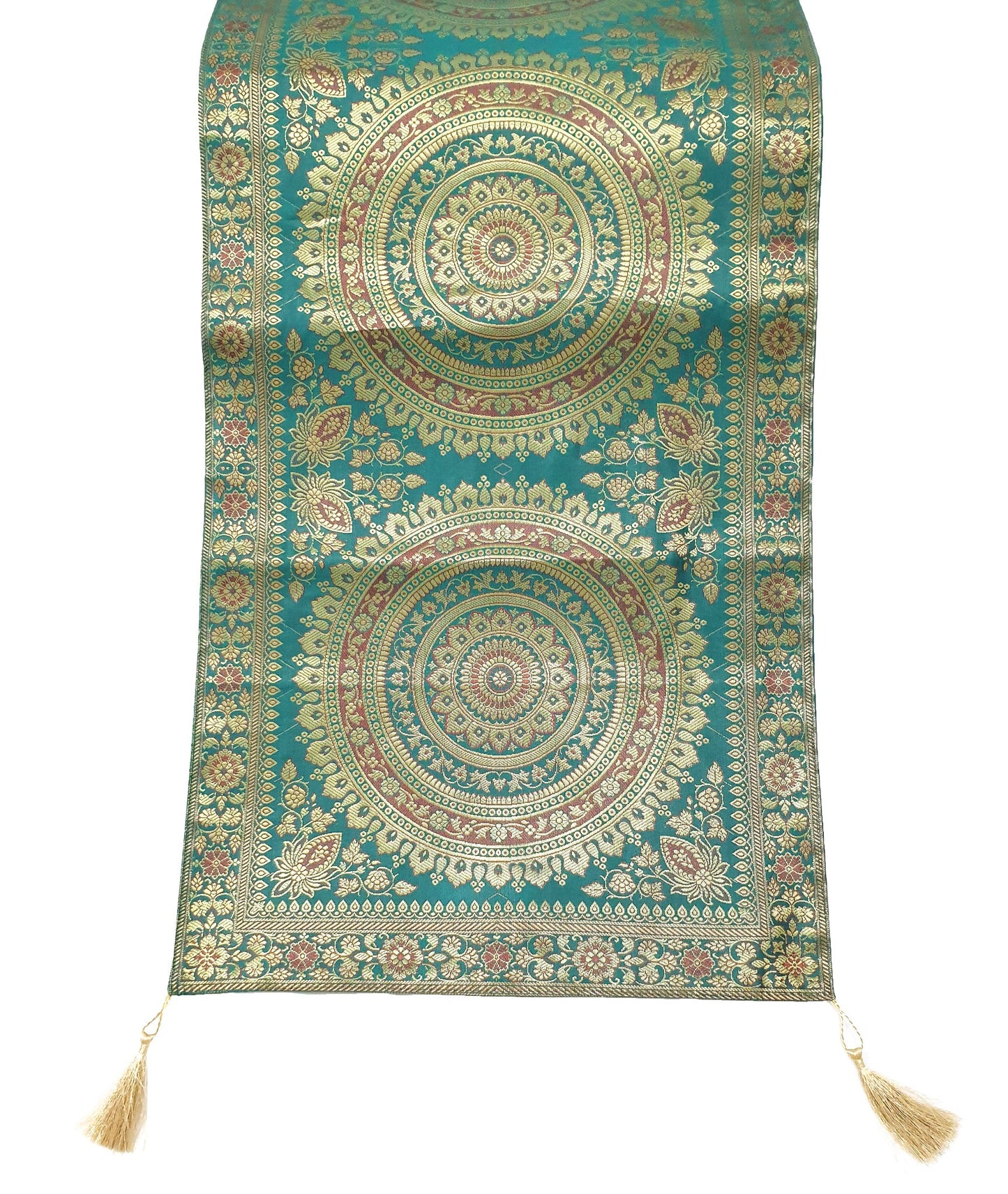 Teal Green Table Runner 72x16" Banarasi Silk Brocade Mandala Dining Decor Cloth