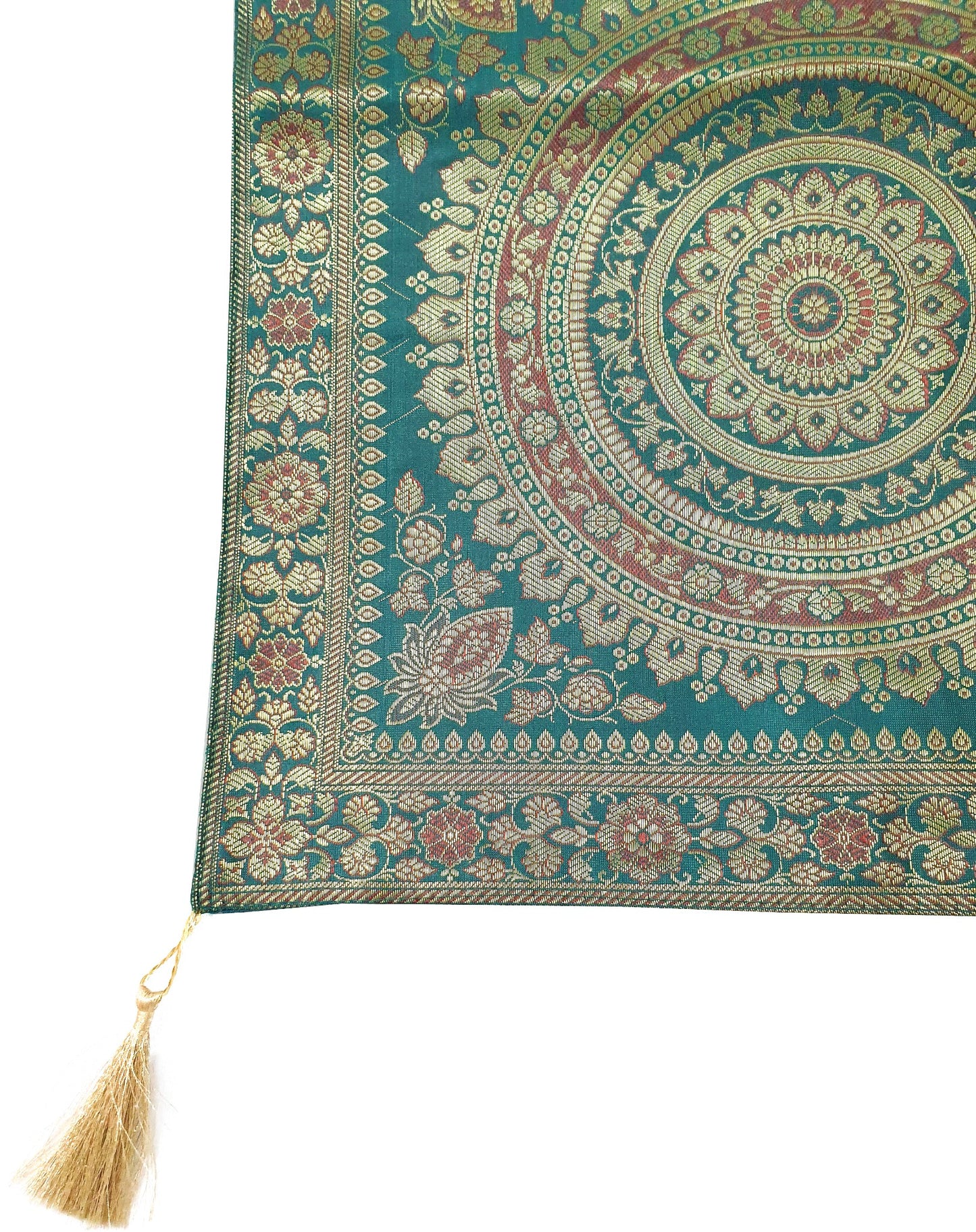 Teal Green Table Runner 72x16" Banarasi Silk Brocade Mandala Dining Decor Cloth