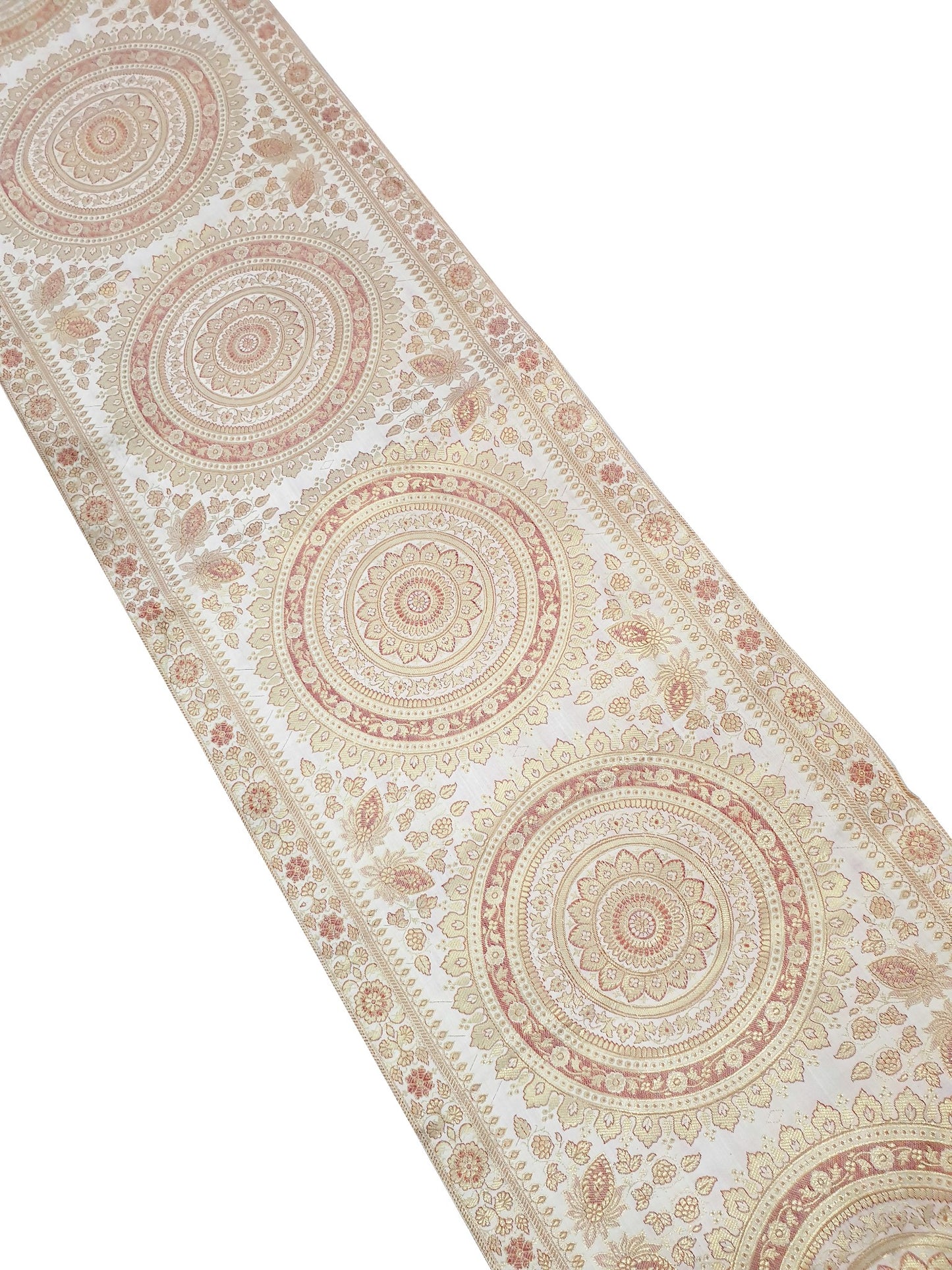 White Table Runner 72x16" Banarasi Silk Brocade Mandala Dining Decor Cloth Gift