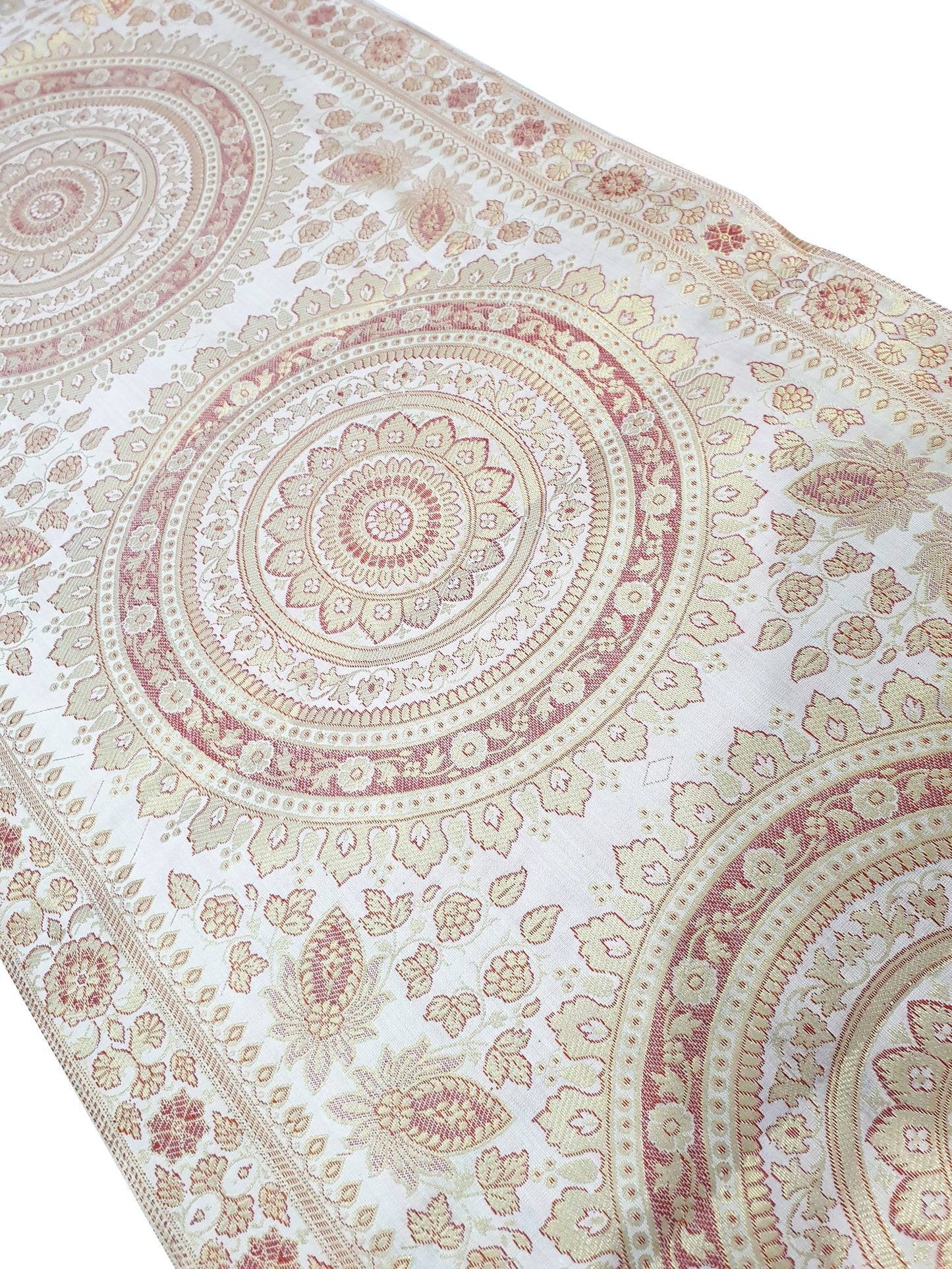 White Table Runner 72x16" Banarasi Silk Brocade Mandala Dining Decor Cloth Gift