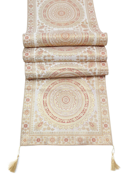 White Table Runner 72x16" Banarasi Silk Brocade Mandala Dining Decor Cloth Gift