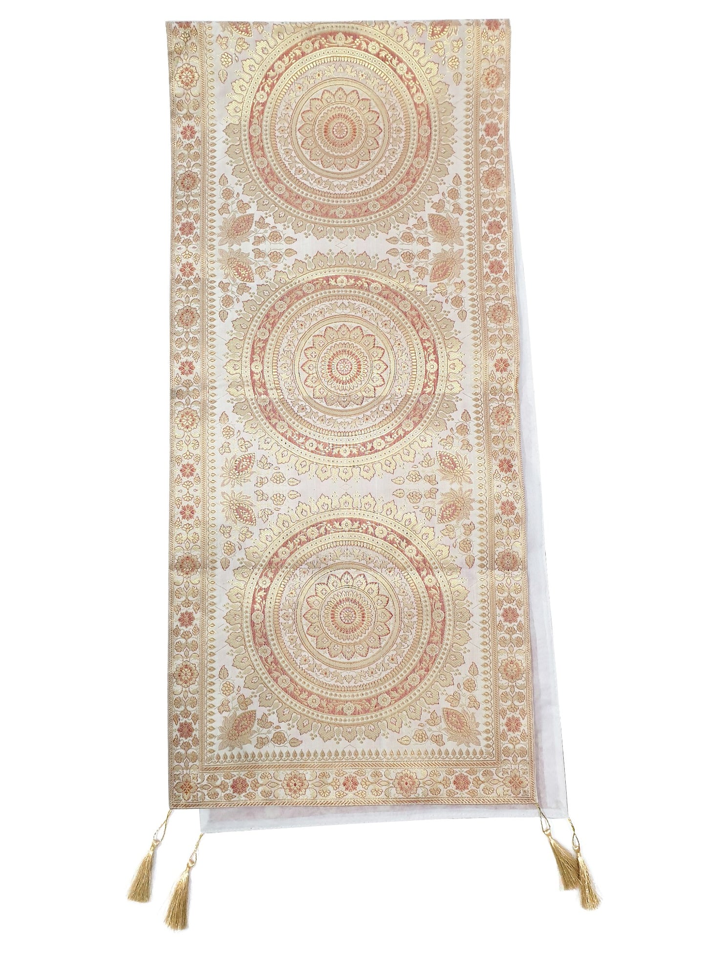 White Table Runner 72x16" Banarasi Silk Brocade Mandala Dining Decor Cloth Gift