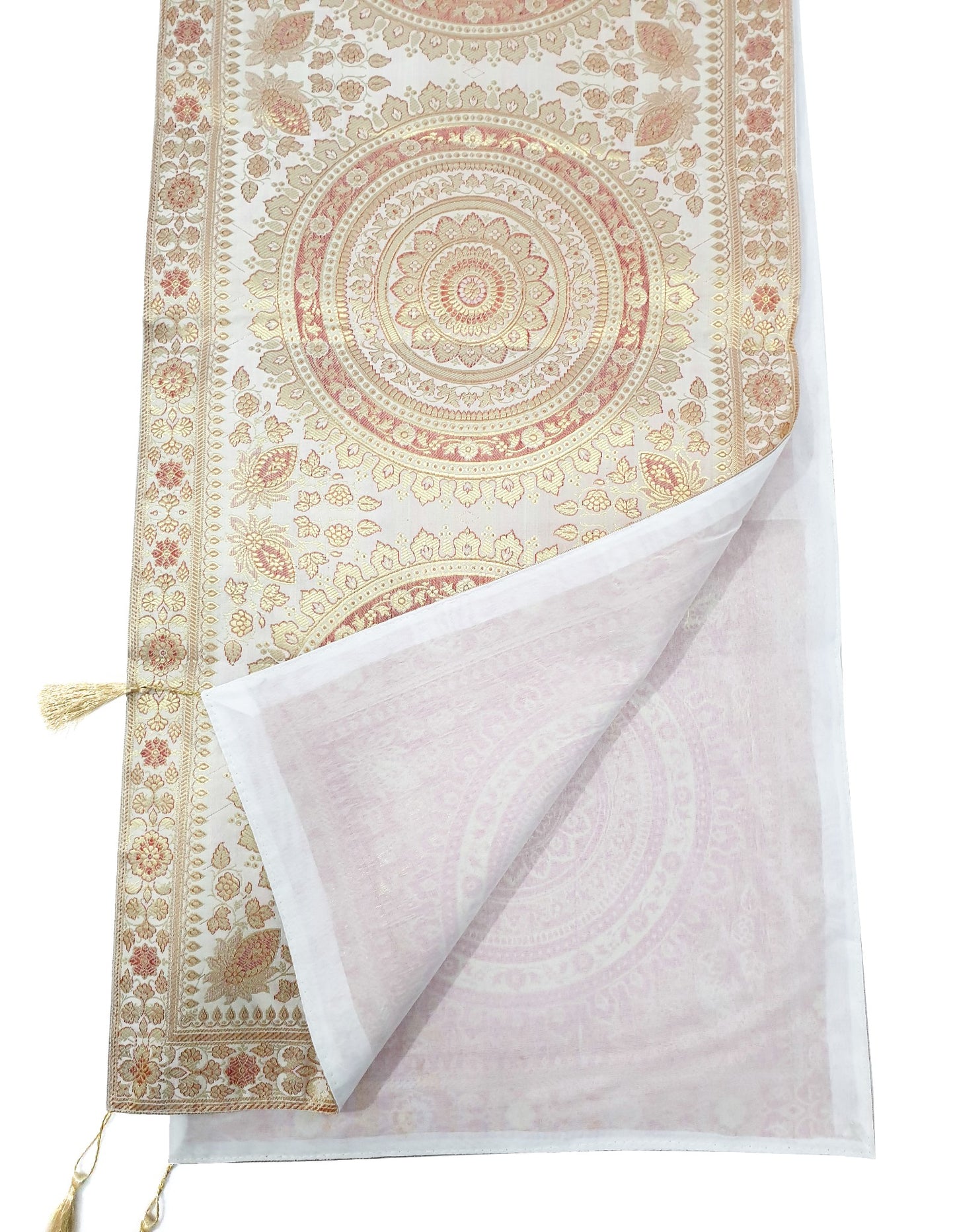 White Table Runner 72x16" Banarasi Silk Brocade Mandala Dining Decor Cloth Gift
