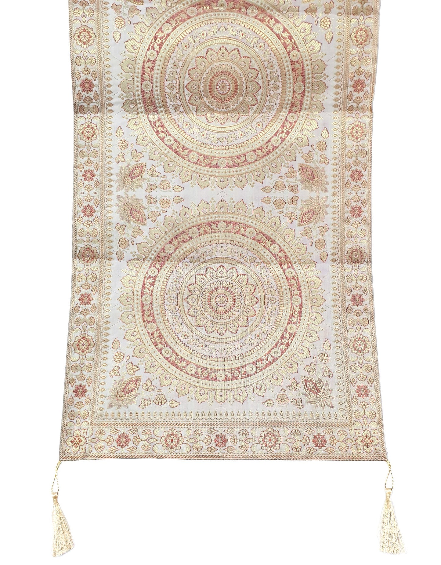 White Table Runner 72x16" Banarasi Silk Brocade Mandala Dining Decor Cloth Gift