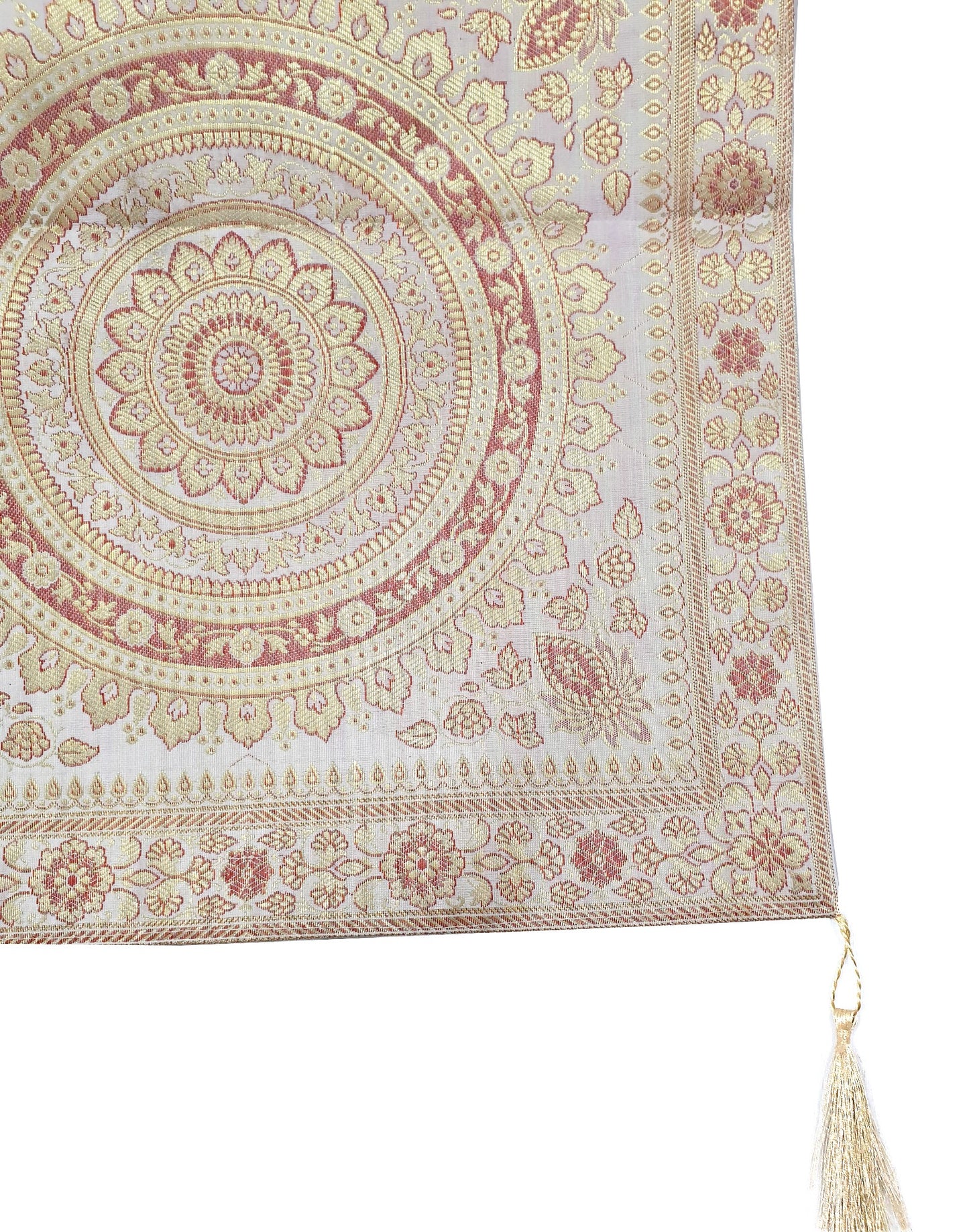 White Table Runner 72x16" Banarasi Silk Brocade Mandala Dining Decor Cloth Gift
