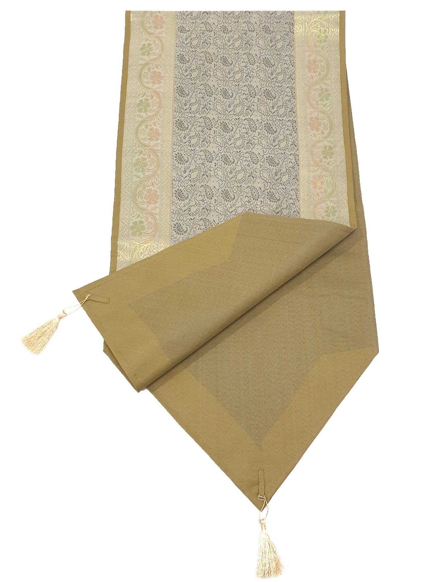 Banarasi Table Runner Indian Brown Silk Brocade Paisley Dining Decor Cloth Gift