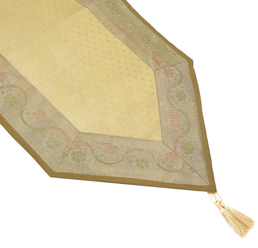 Light Gold Banarasi Table Runner Art Silk Brocade Dining Decor Indian Gift Cloth