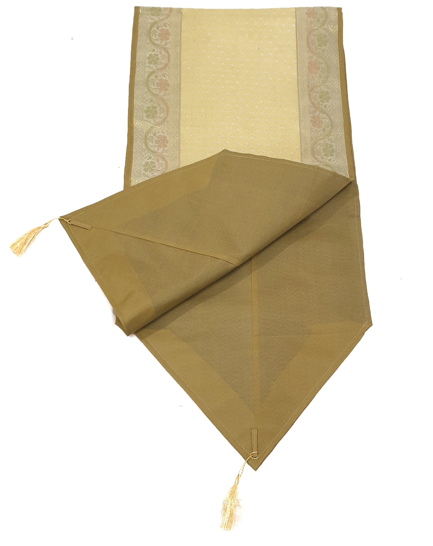 Light Gold Banarasi Table Runner Art Silk Brocade Dining Decor Indian Gift Cloth