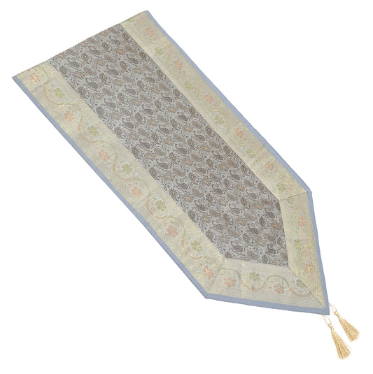 Gray Banarasi Table Runner Silk Brocade Paisley Dining Decor Indian Gift Cloth
