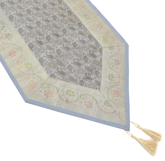Gray Banarasi Table Runner Silk Brocade Paisley Dining Decor Indian Gift Cloth