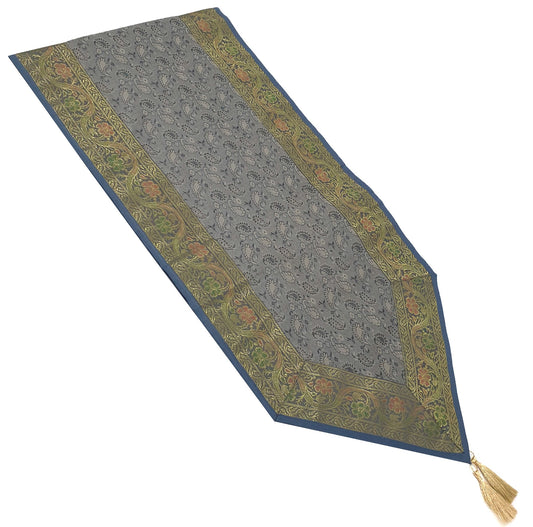 Banarasi Table Runner Greyish Blue Silk Brocade Paisley Dining Decor Gift Cloth