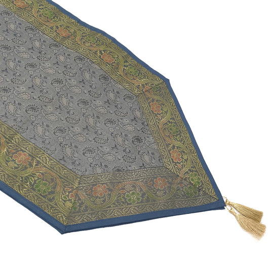 Banarasi Table Runner Greyish Blue Silk Brocade Paisley Dining Decor Gift Cloth