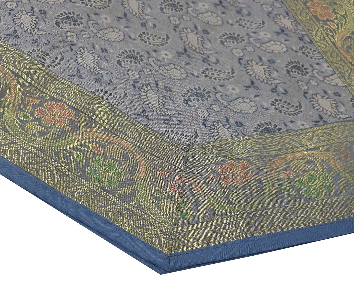 Banarasi Table Runner Greyish Blue Silk Brocade Paisley Dining Decor Gift Cloth