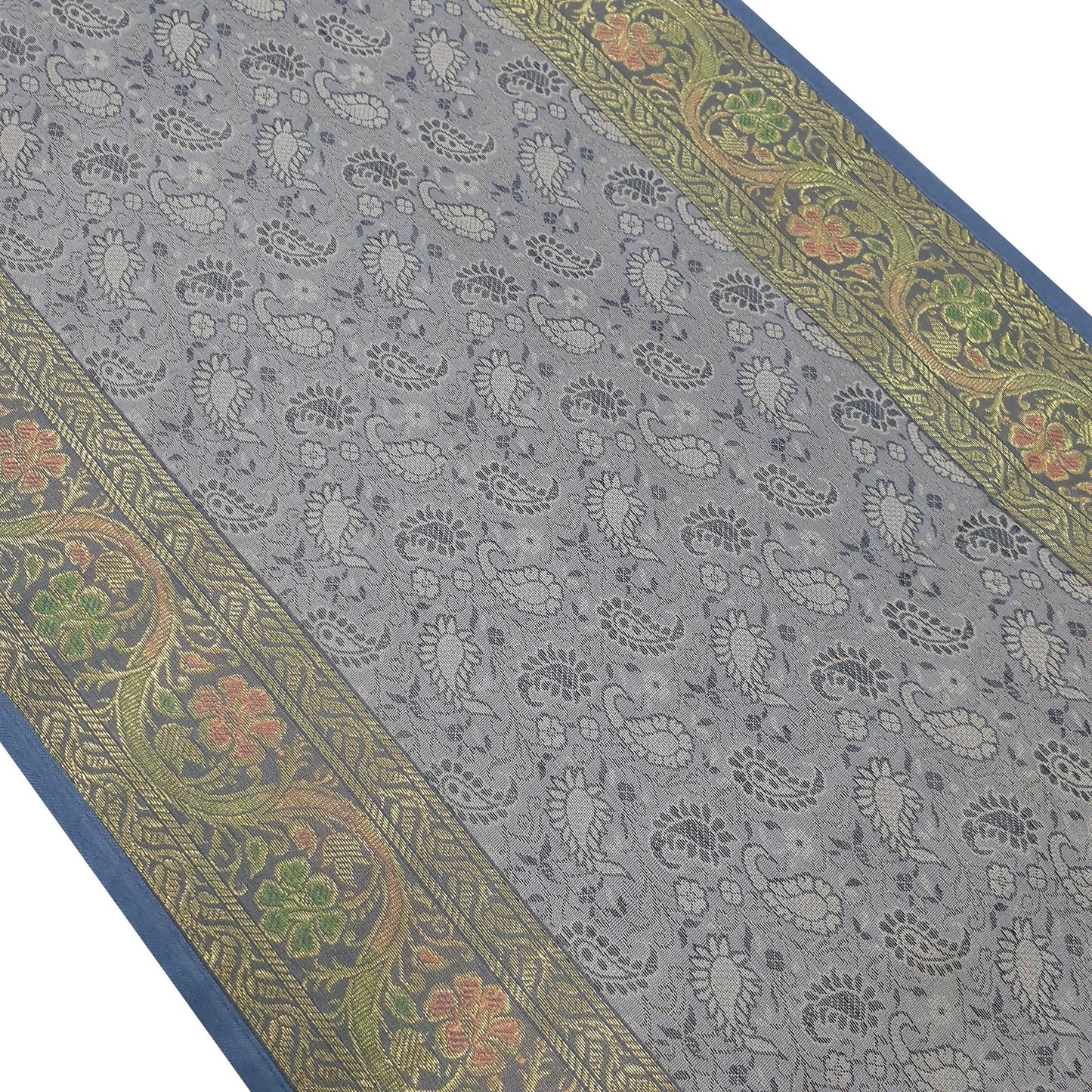 Banarasi Table Runner Greyish Blue Silk Brocade Paisley Dining Decor Gift Cloth