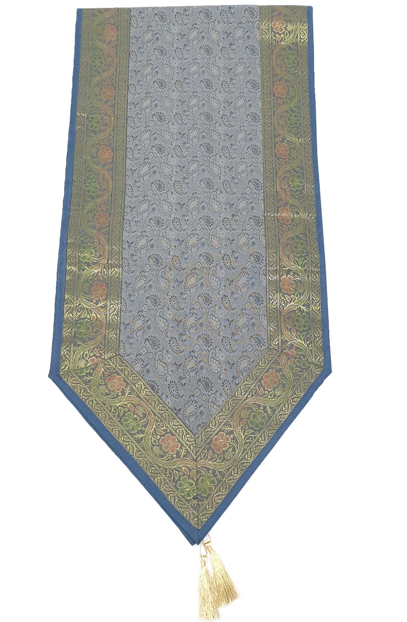 Banarasi Table Runner Greyish Blue Silk Brocade Paisley Dining Decor Gift Cloth