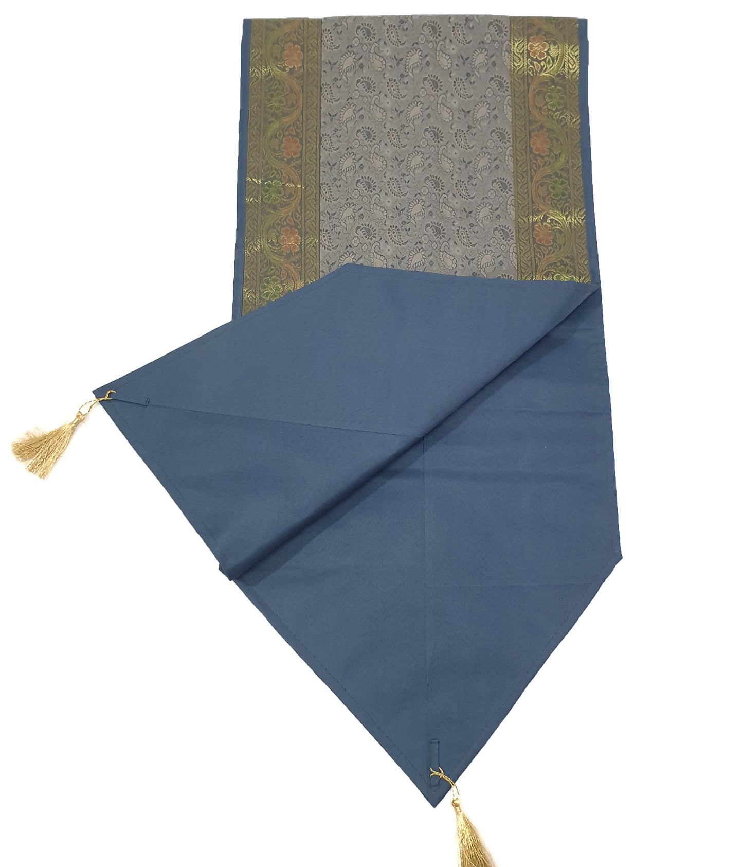 Banarasi Table Runner Greyish Blue Silk Brocade Paisley Dining Decor Gift Cloth