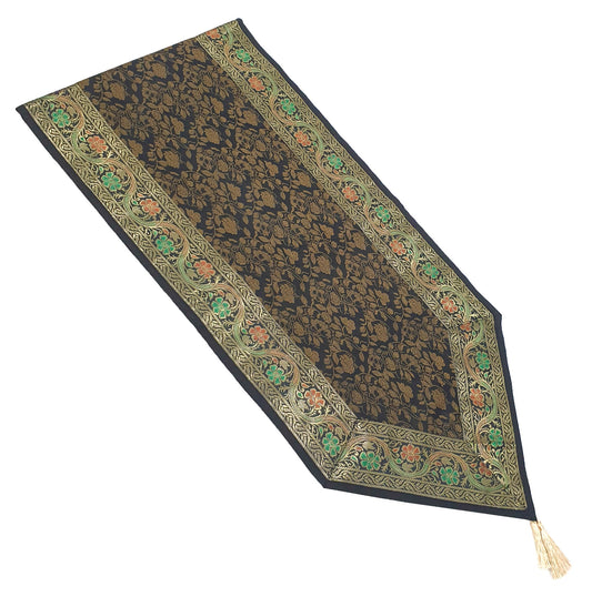 Black Banarasi Table Runner Silk Brocade Floral Dining Decor Indian Gift Cloth