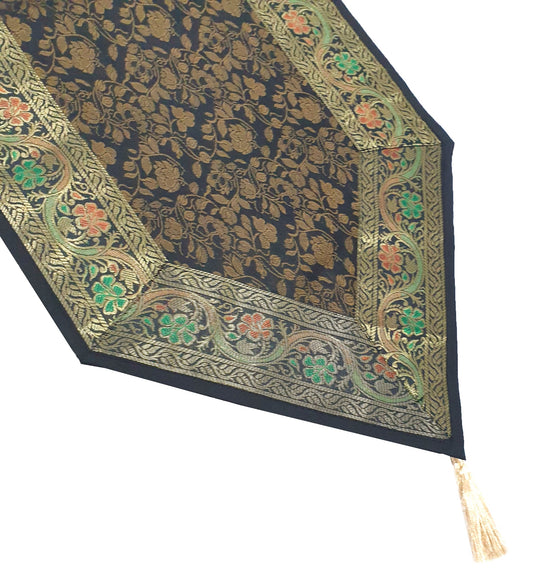 Black Banarasi Table Runner Silk Brocade Floral Dining Decor Indian Gift Cloth