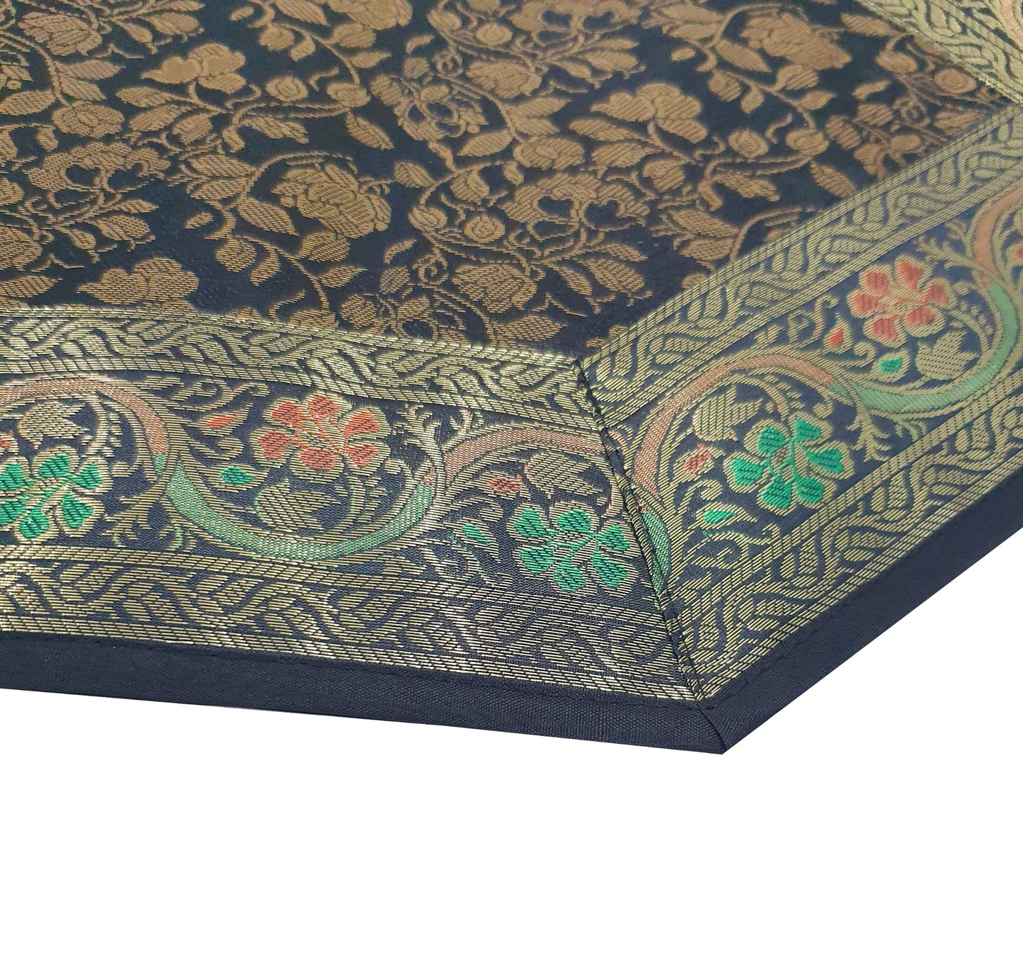 Black Banarasi Table Runner Silk Brocade Floral Dining Decor Indian Gift Cloth