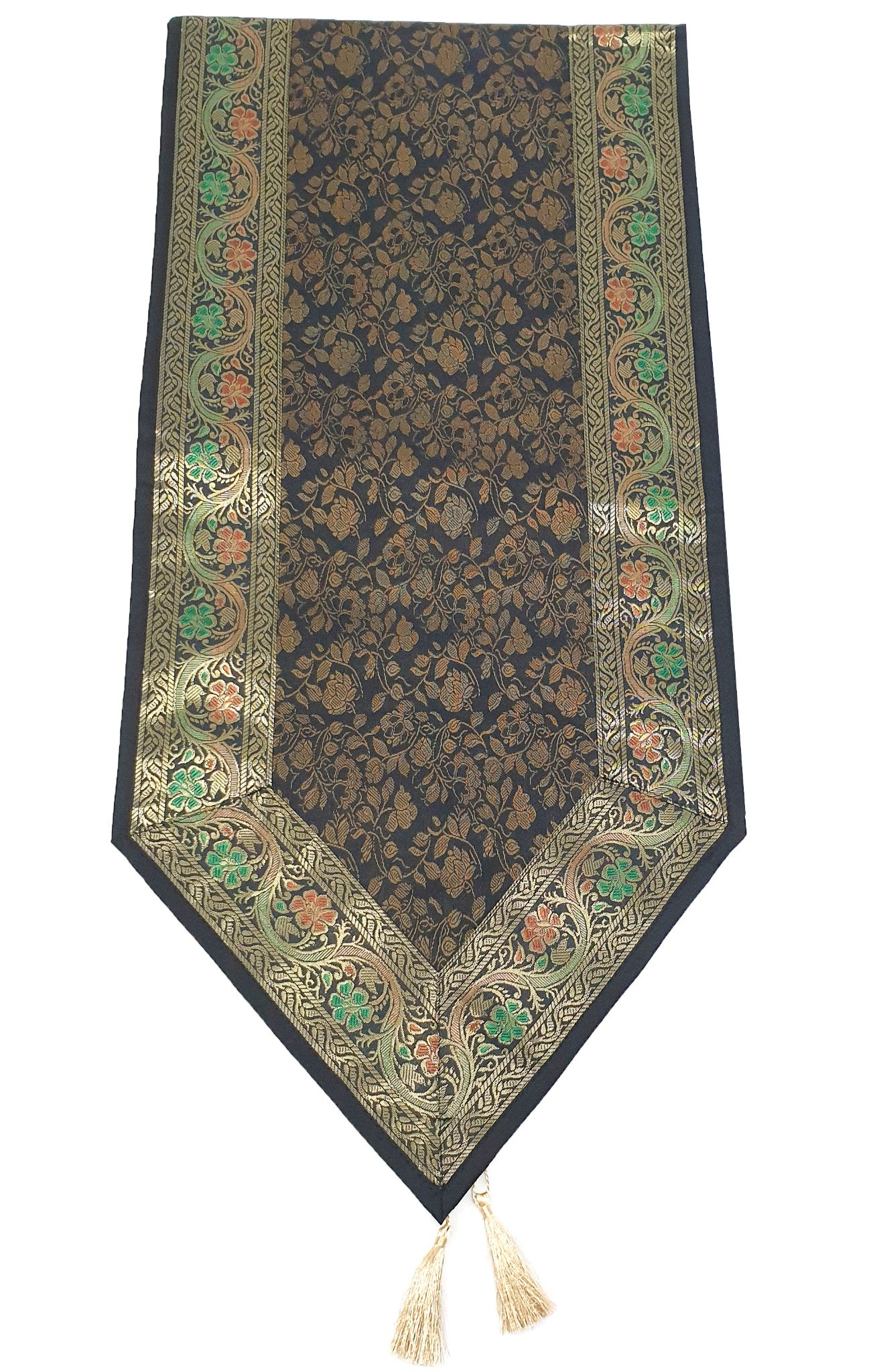 Black Banarasi Table Runner Silk Brocade Floral Dining Decor Indian Gift Cloth