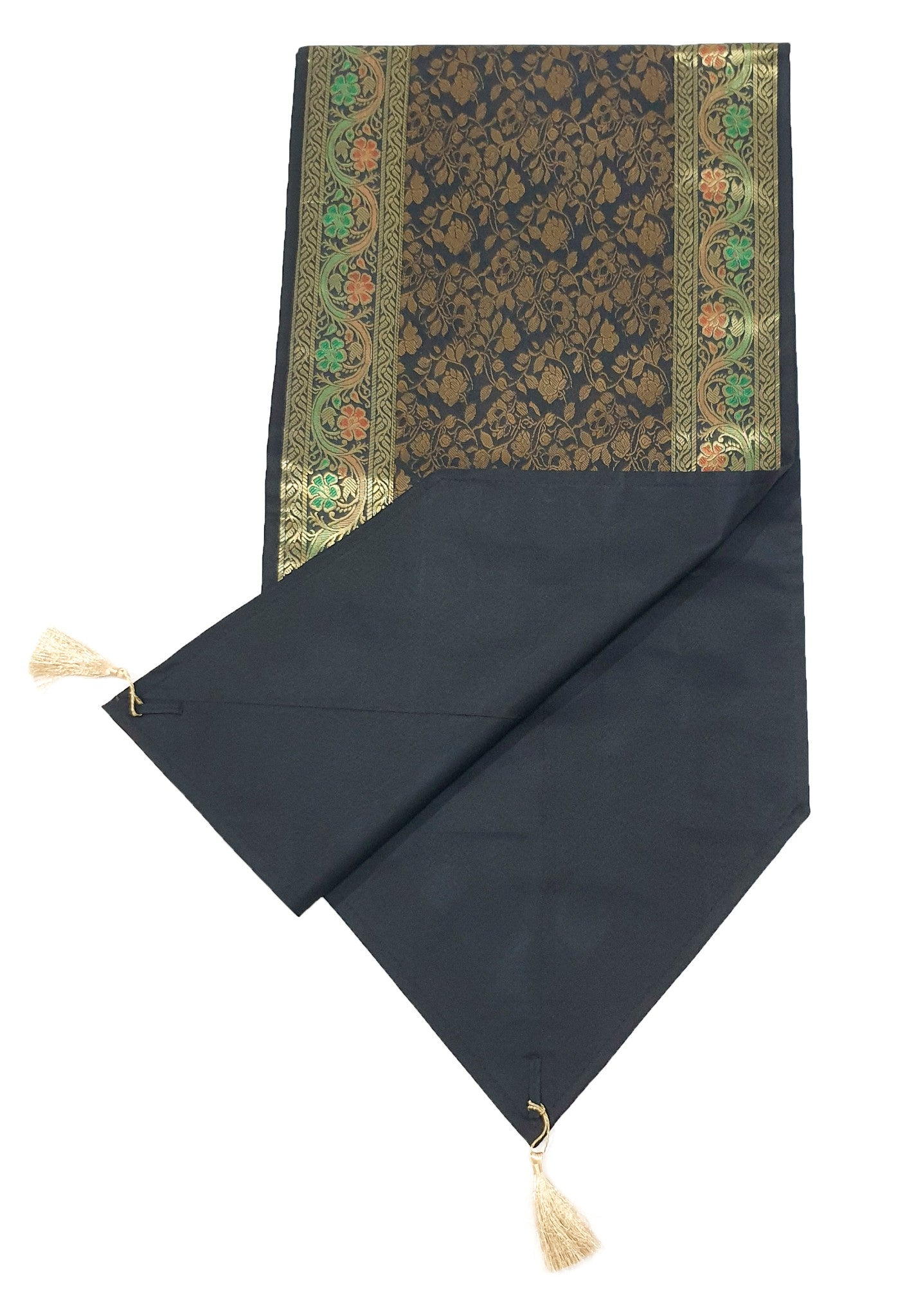 Black Banarasi Table Runner Silk Brocade Floral Dining Decor Indian Gift Cloth
