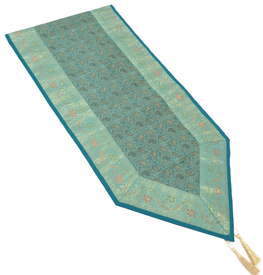 Teal Green Indian Banarasi Table Runner Silk Brocade Paisley Dining Decor Cloth