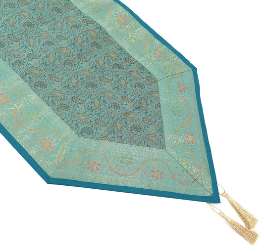 Teal Green Indian Banarasi Table Runner Silk Brocade Paisley Dining Decor Cloth