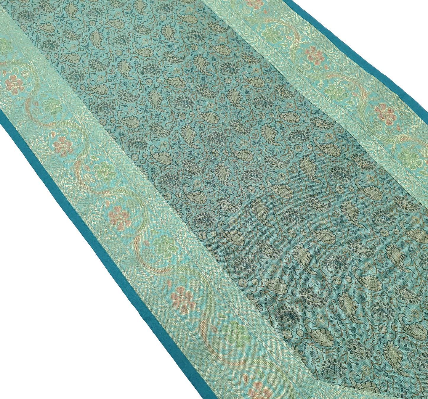 Teal Green Indian Banarasi Table Runner Silk Brocade Paisley Dining Decor Cloth