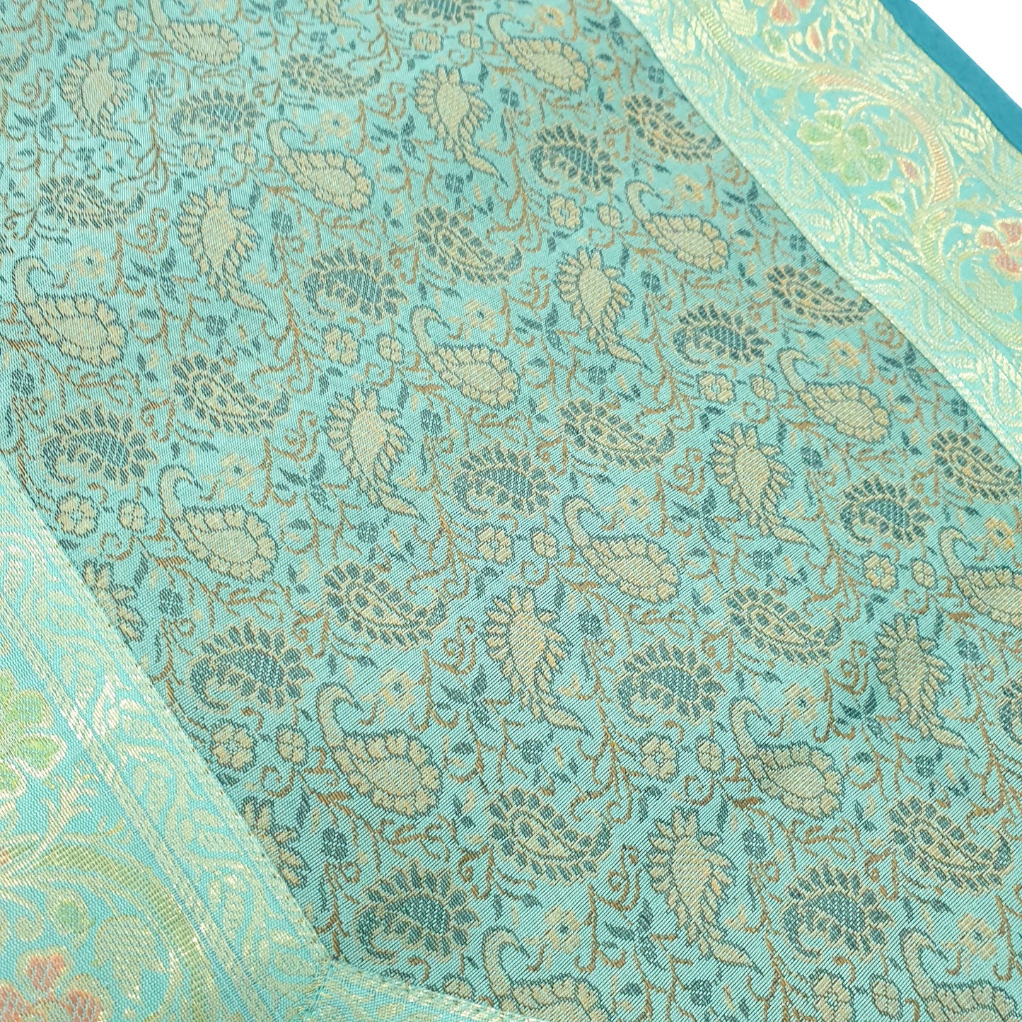 Teal Green Indian Banarasi Table Runner Silk Brocade Paisley Dining Decor Cloth