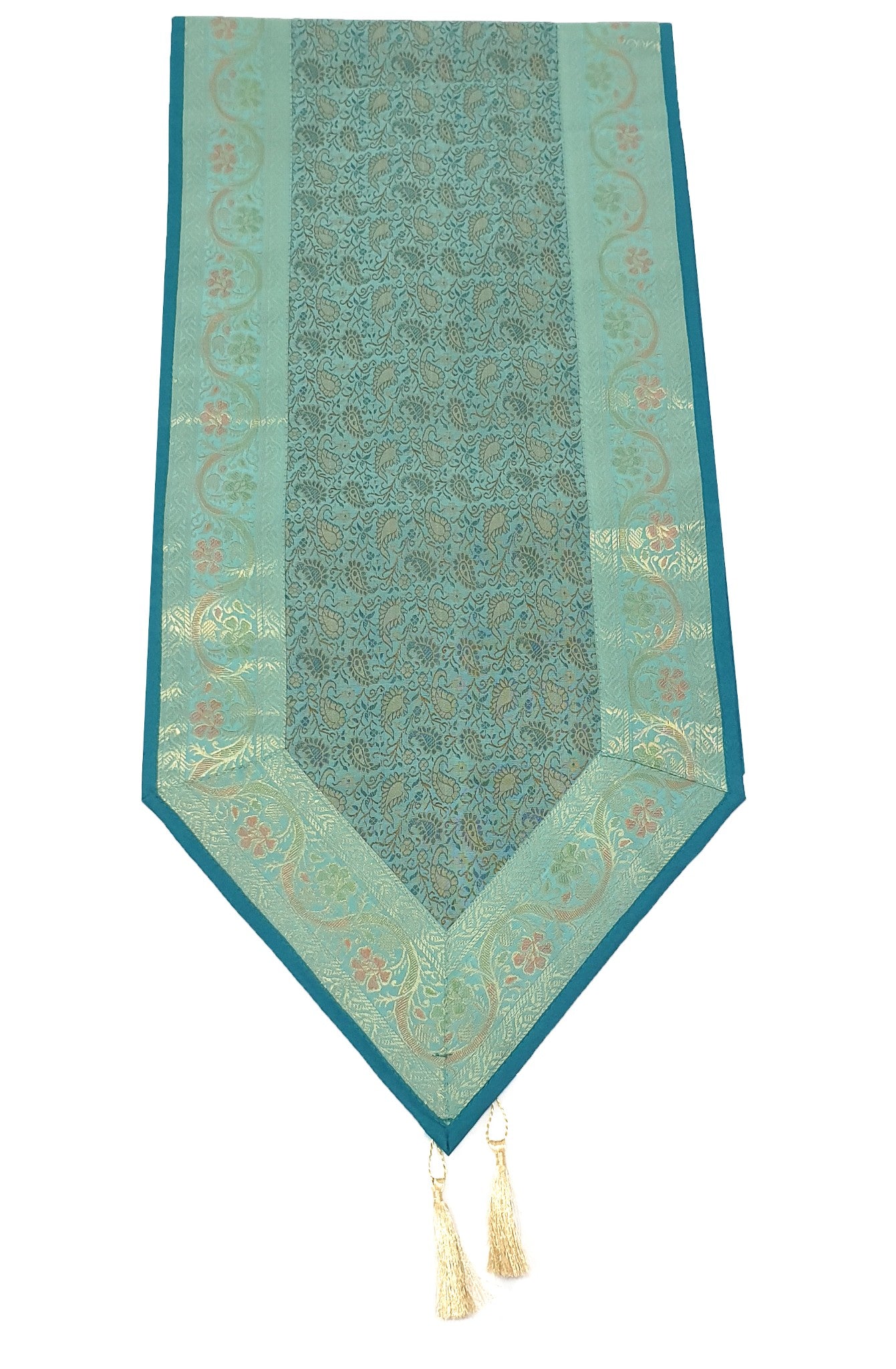 Teal Green Indian Banarasi Table Runner Silk Brocade Paisley Dining Decor Cloth