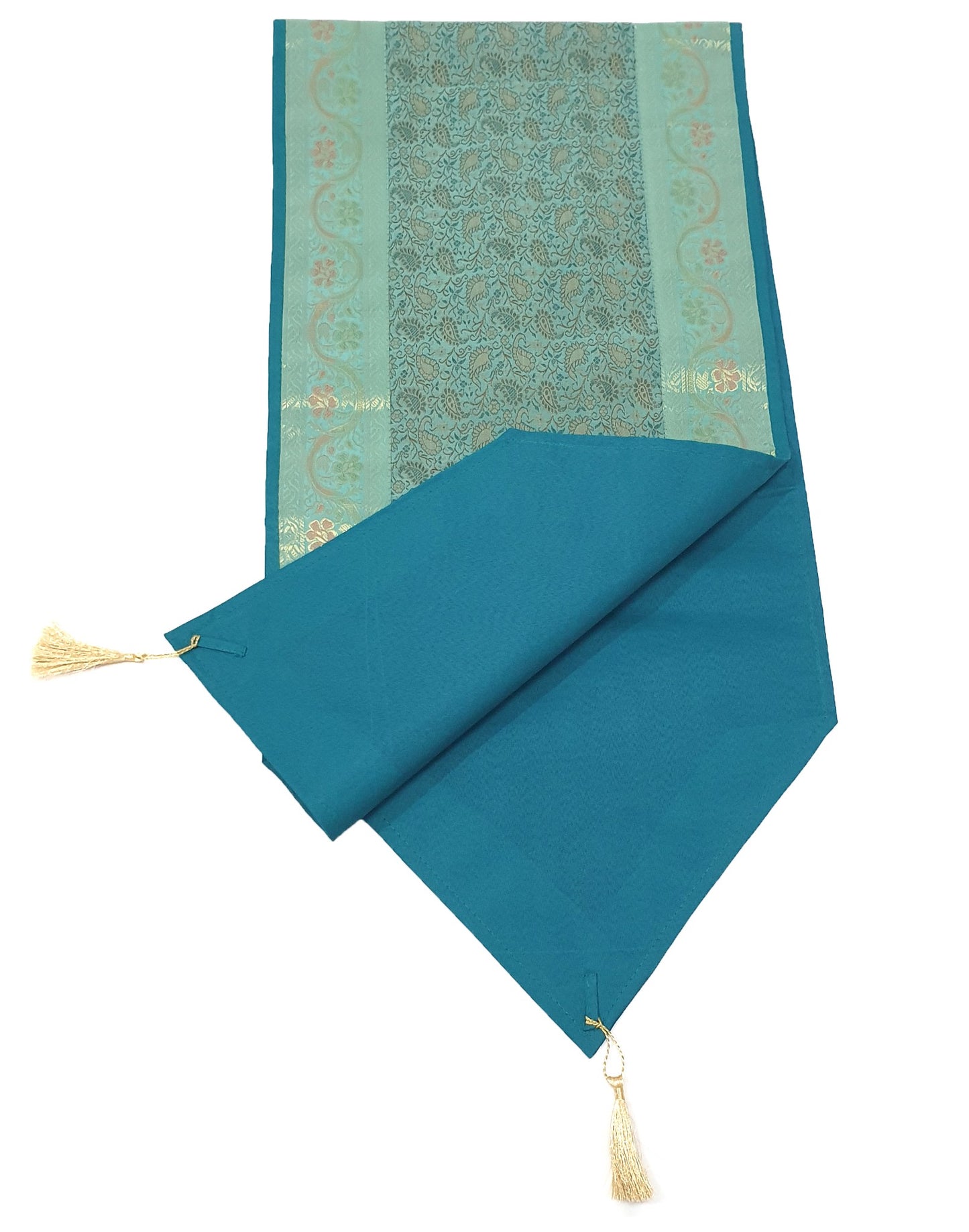 Teal Green Indian Banarasi Table Runner Silk Brocade Paisley Dining Decor Cloth