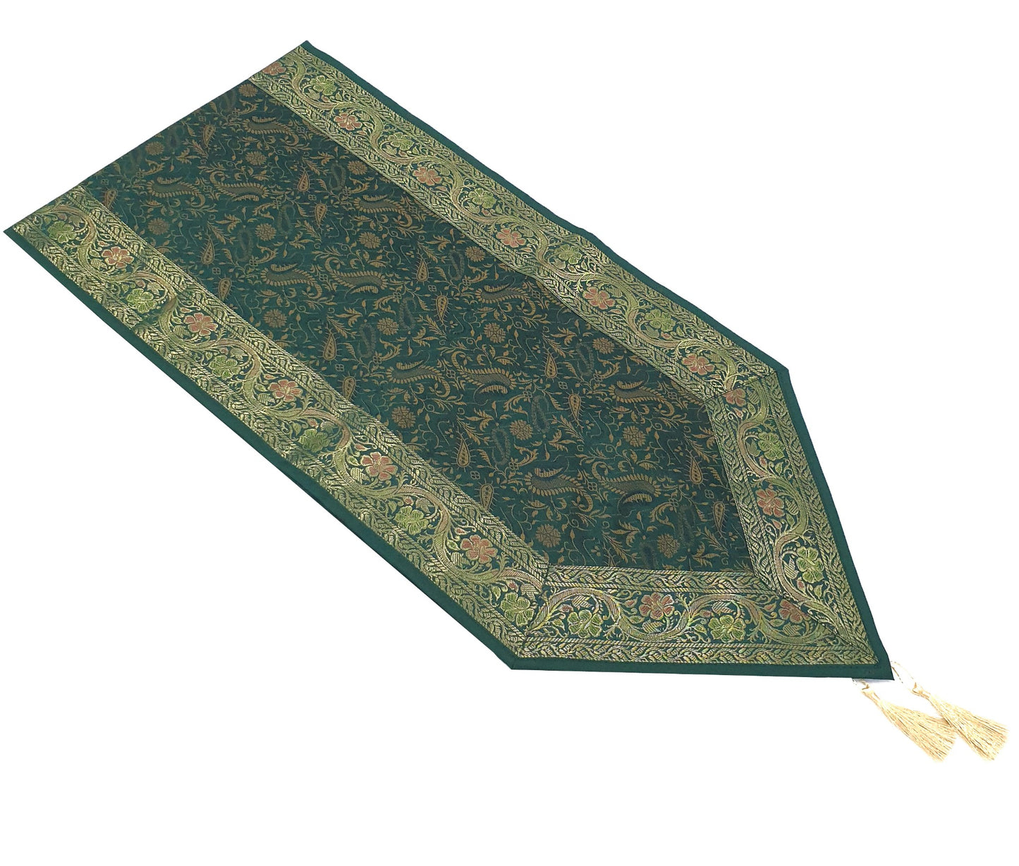 Bottle Green Table Runner DiningDecor Indian Banarasi Silk Brocade Paisley Gift