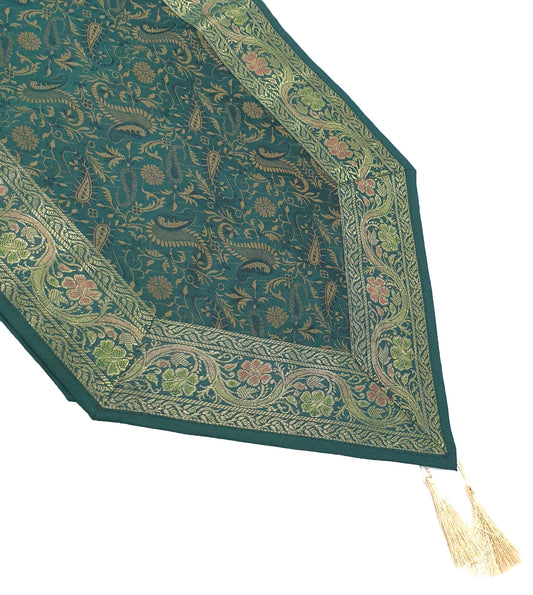 Bottle Green Table Runner DiningDecor Indian Banarasi Silk Brocade Paisley Gift