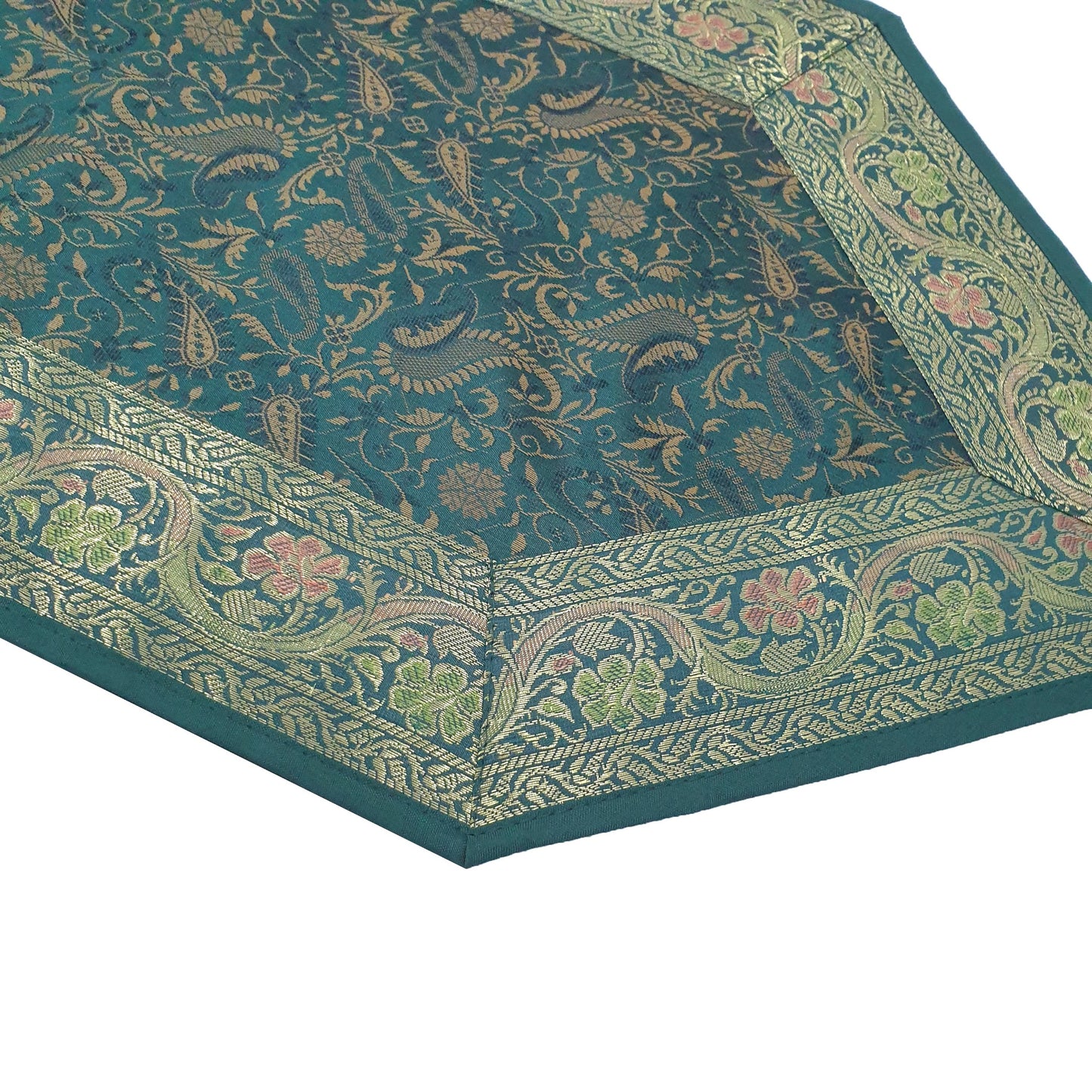 Bottle Green Table Runner DiningDecor Indian Banarasi Silk Brocade Paisley Gift