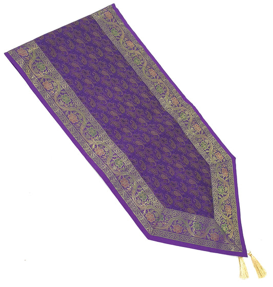 Banarasi Table Runner Purple Silk Brocade Paisley Indian Dining Decor Gift Cloth
