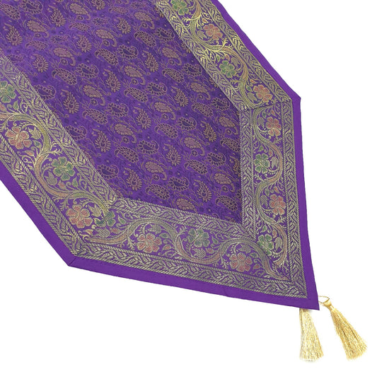 Banarasi Table Runner Purple Silk Brocade Paisley Indian Dining Decor Gift Cloth