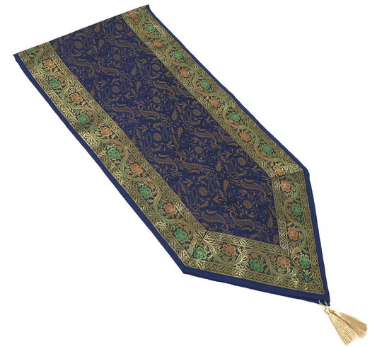 Dark Blue Banarasi Table Runner Silk Brocade Paisley Dining Decor Indian Cloth