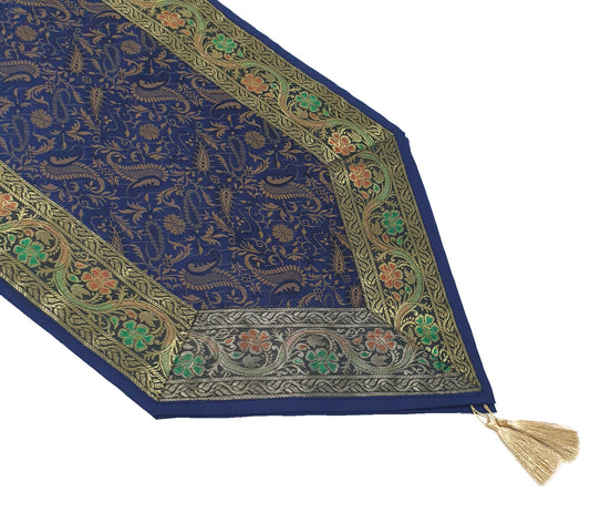 Dark Blue Banarasi Table Runner Silk Brocade Paisley Dining Decor Indian Cloth