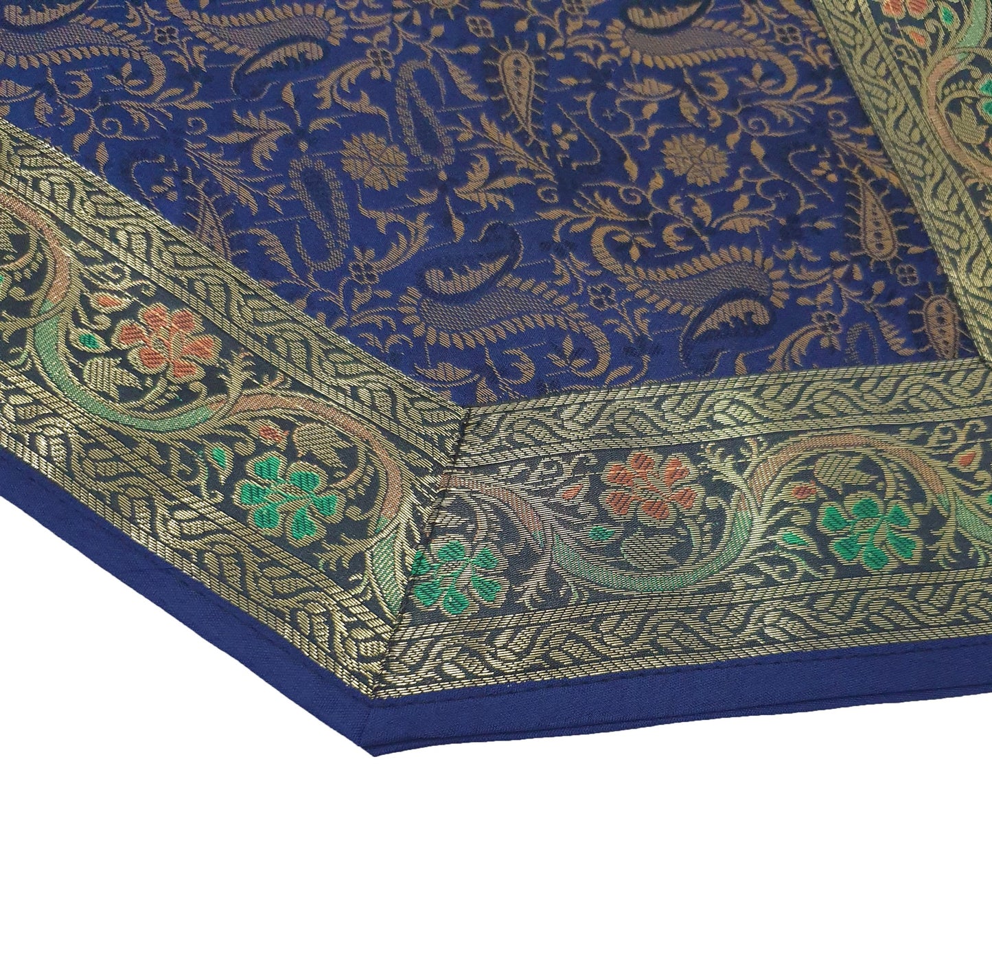 Dark Blue Banarasi Table Runner Silk Brocade Paisley Dining Decor Indian Cloth
