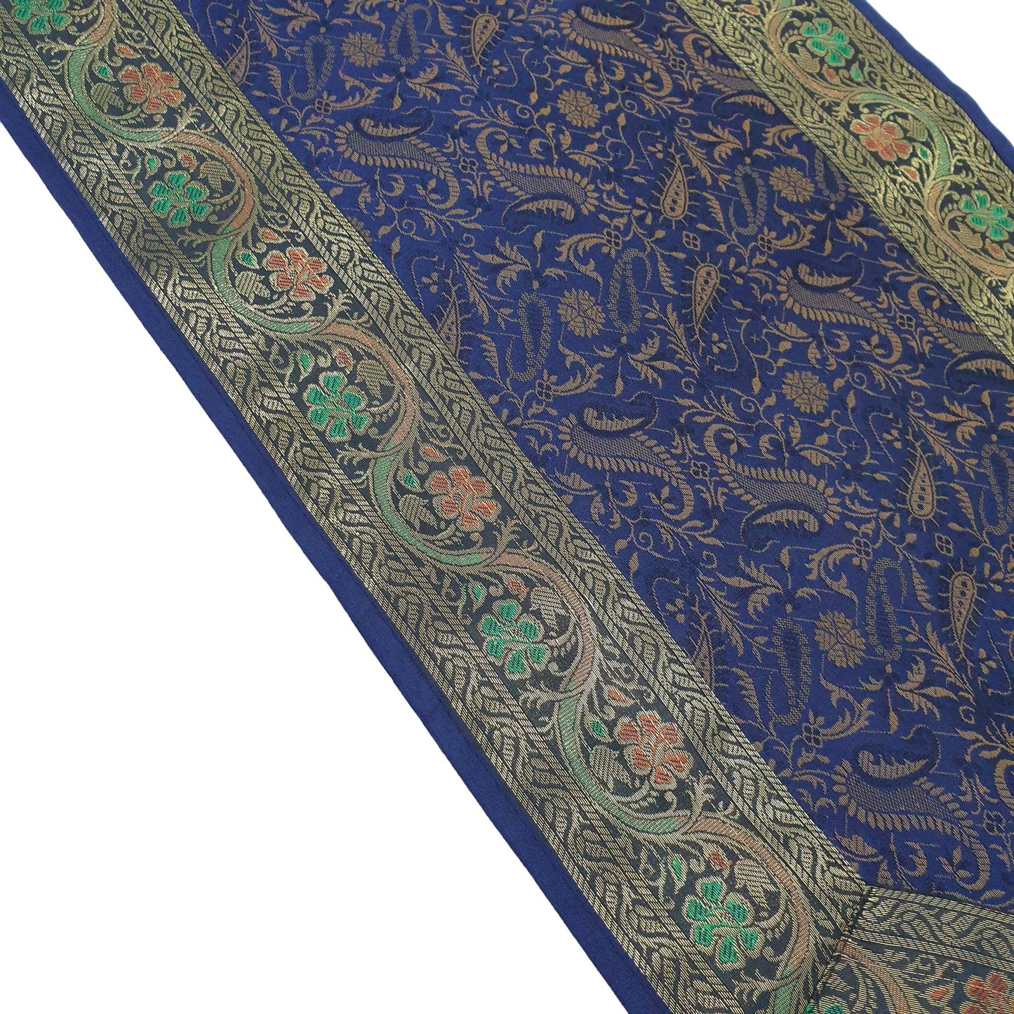 Dark Blue Banarasi Table Runner Silk Brocade Paisley Dining Decor Indian Cloth