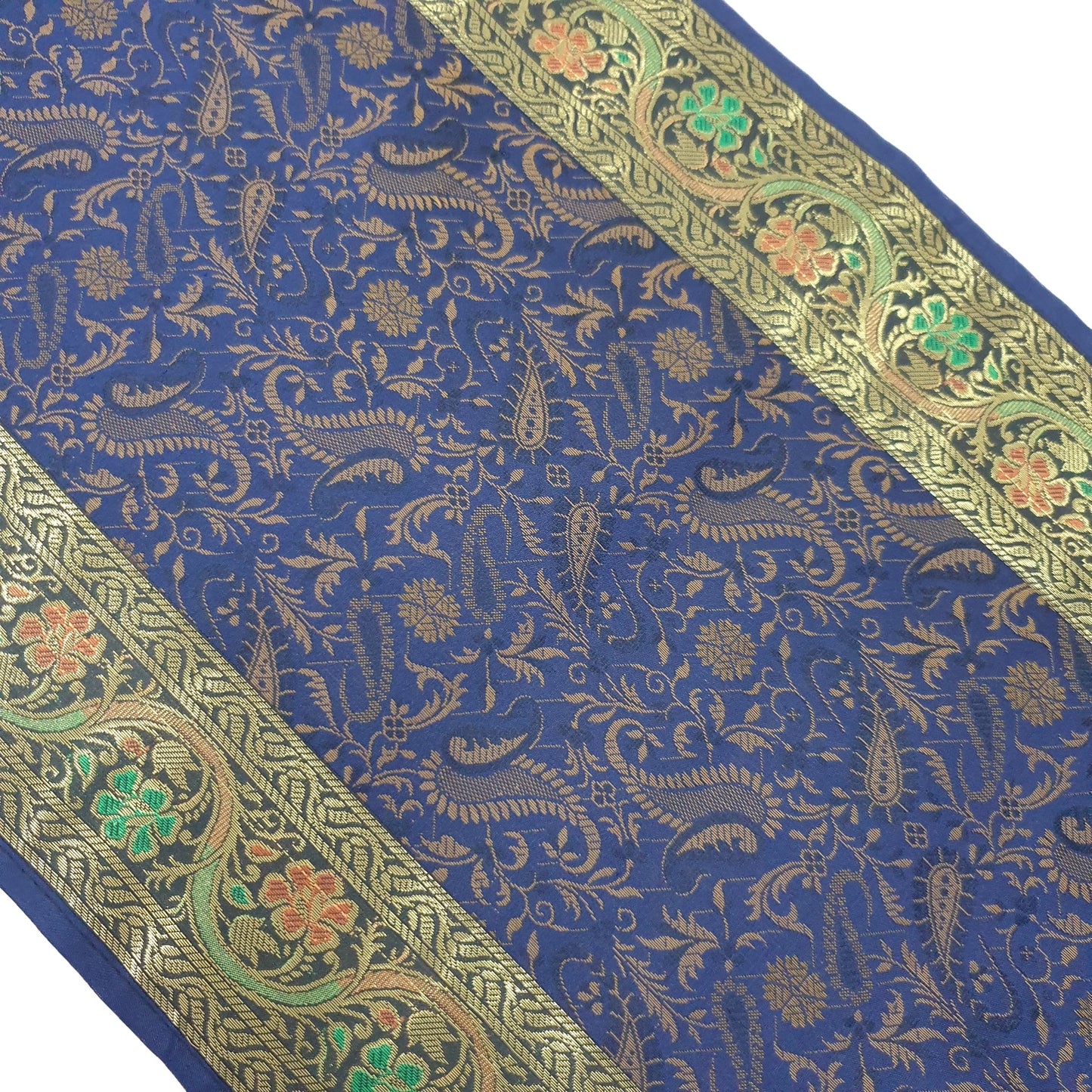Dark Blue Banarasi Table Runner Silk Brocade Paisley Dining Decor Indian Cloth