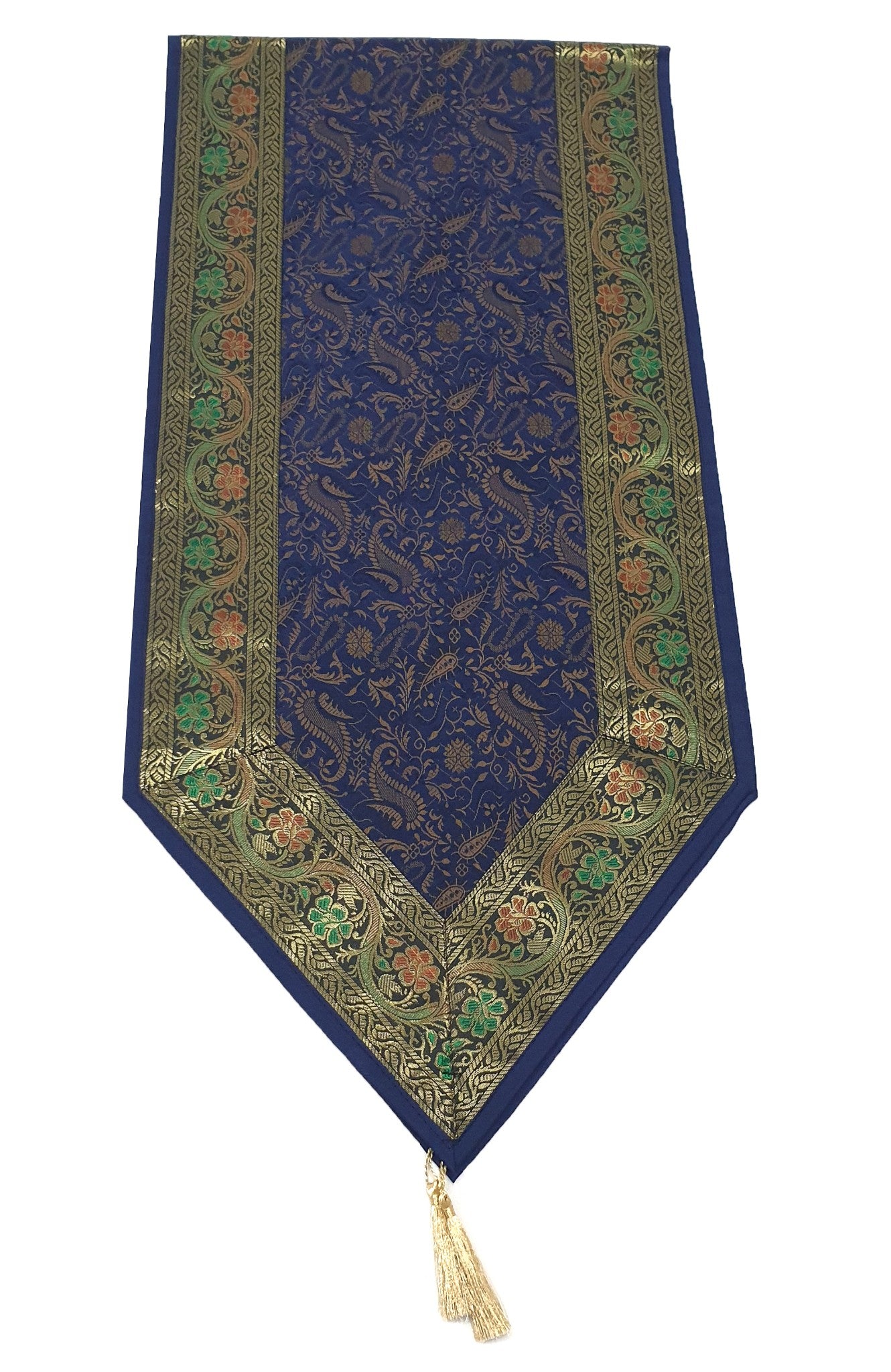 Dark Blue Banarasi Table Runner Silk Brocade Paisley Dining Decor Indian Cloth