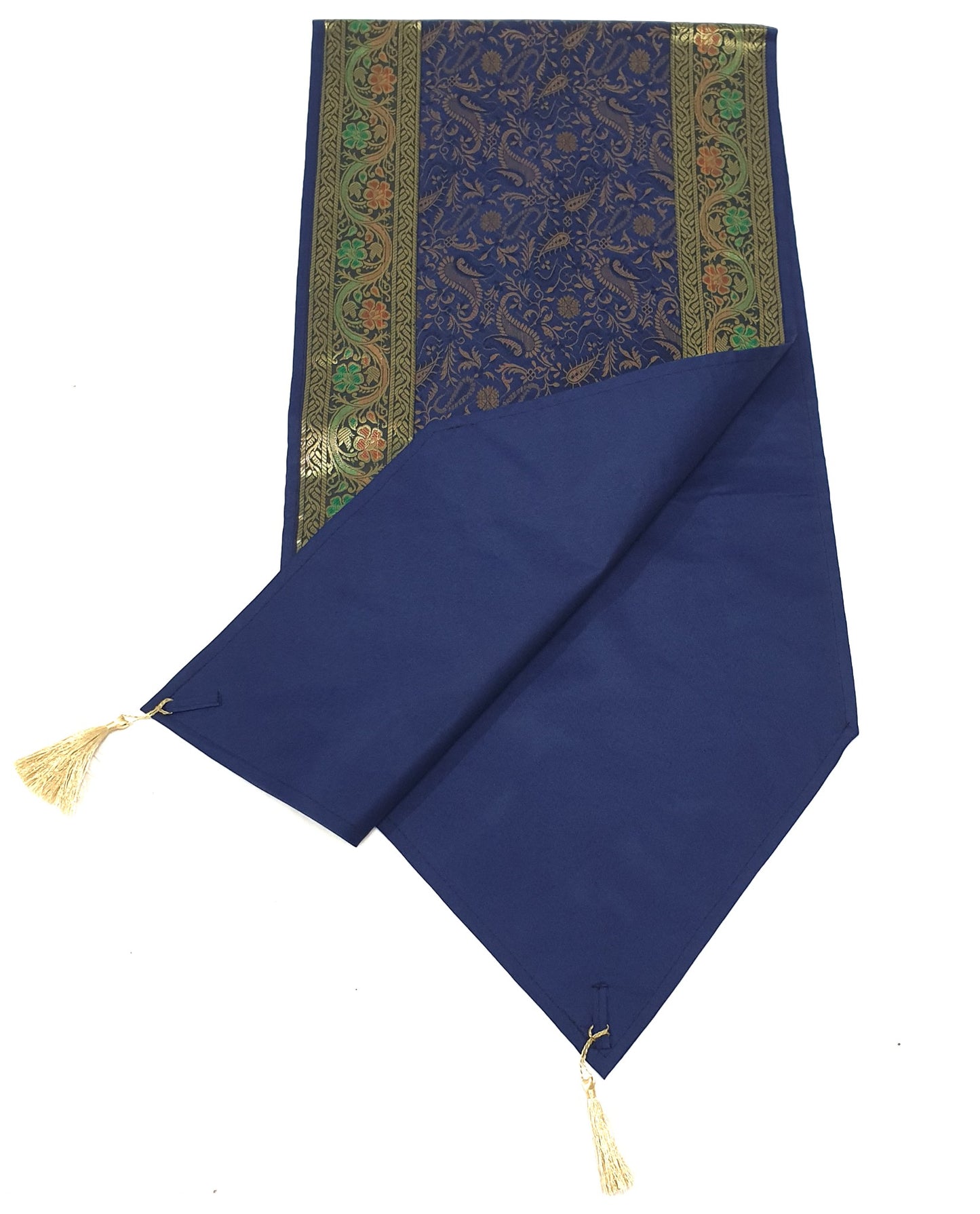 Dark Blue Banarasi Table Runner Silk Brocade Paisley Dining Decor Indian Cloth