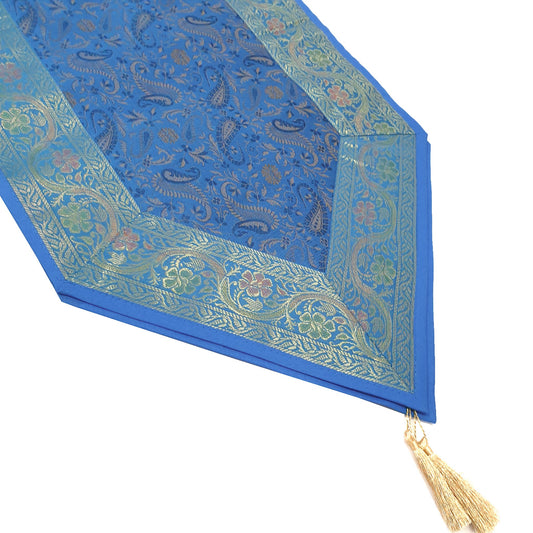 Turq. Blue Banarasi Table Runner Silk Brocade Paisley Dining Decor Indian Cloth