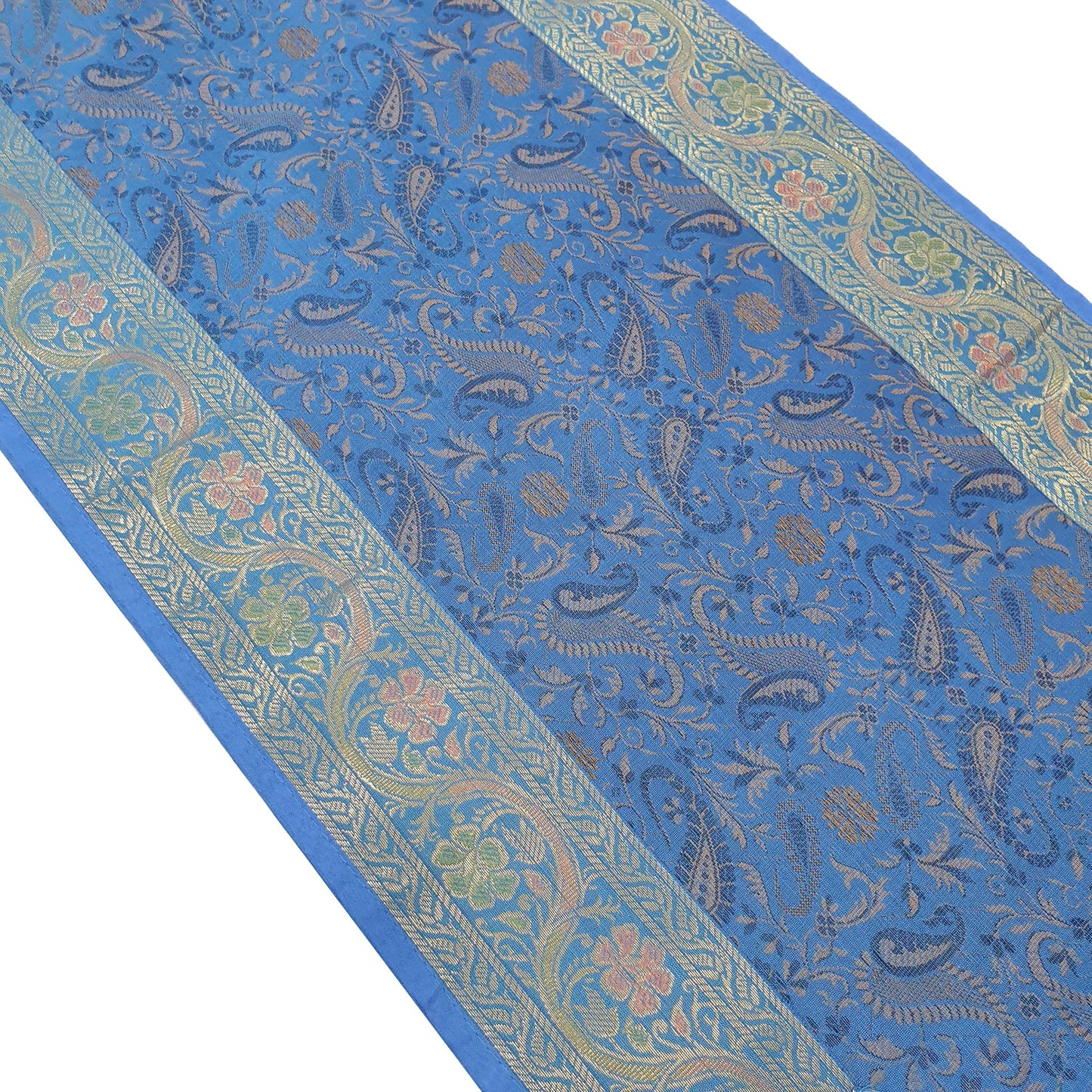 Turq. Blue Banarasi Table Runner Silk Brocade Paisley Dining Decor Indian Cloth