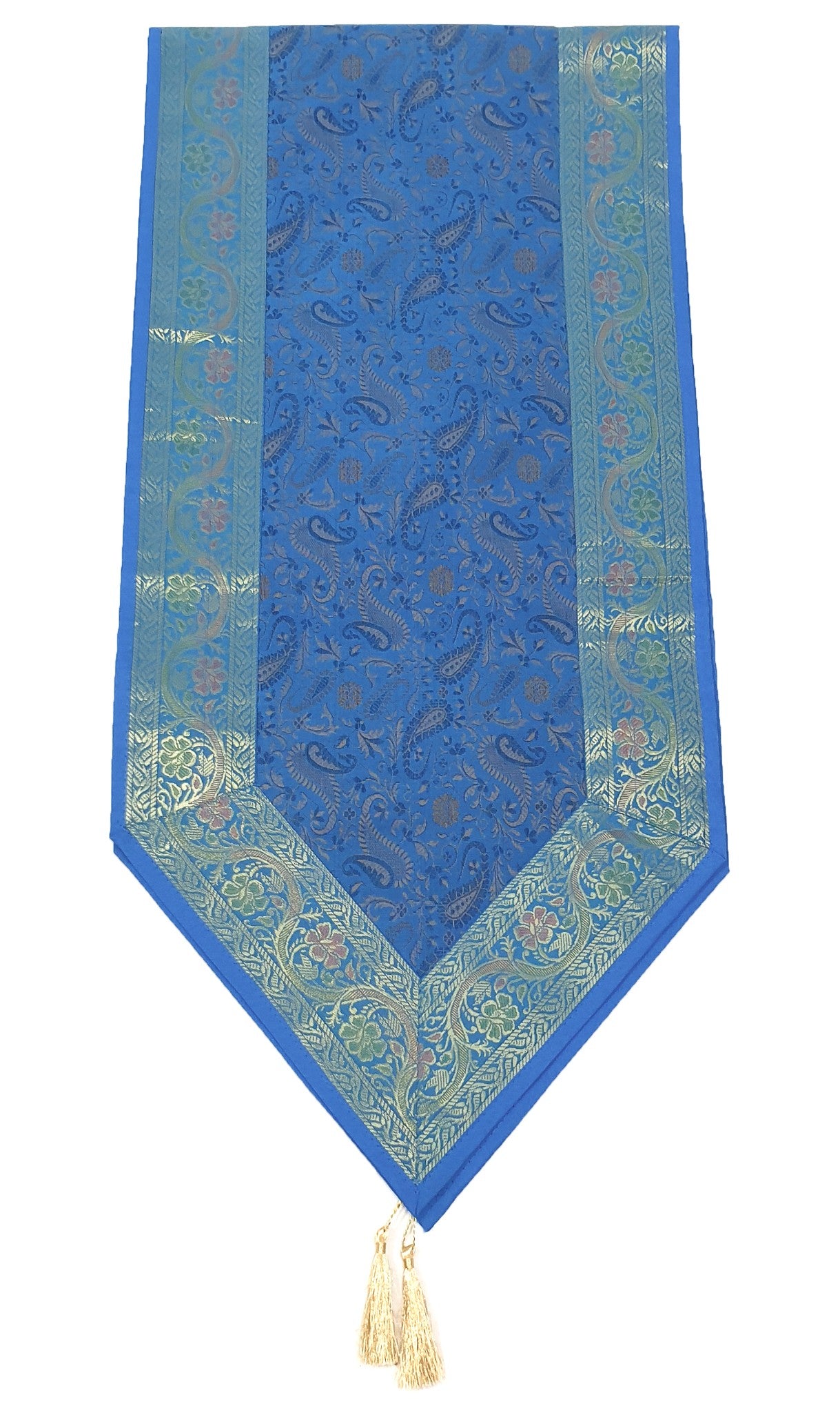 Turq. Blue Banarasi Table Runner Silk Brocade Paisley Dining Decor Indian Cloth
